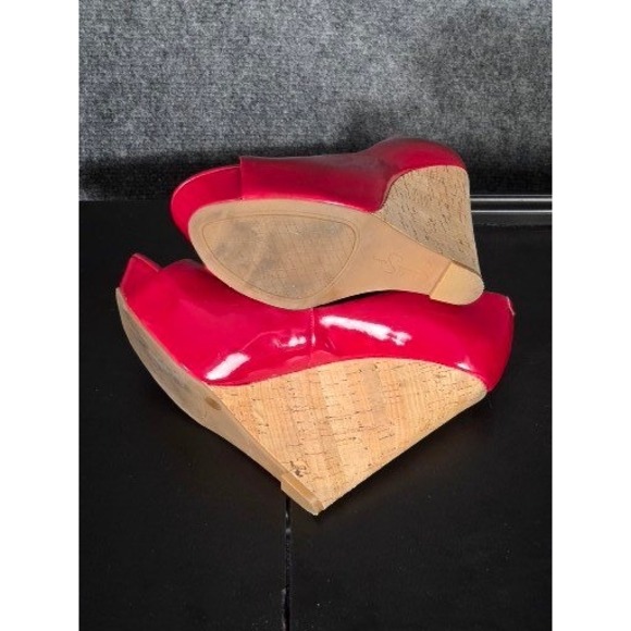 Jessica Simpson Red Patent Leather Cork Platform Wedge Peep Toe Heels 8.5M Sexy - Picture 5 of 8